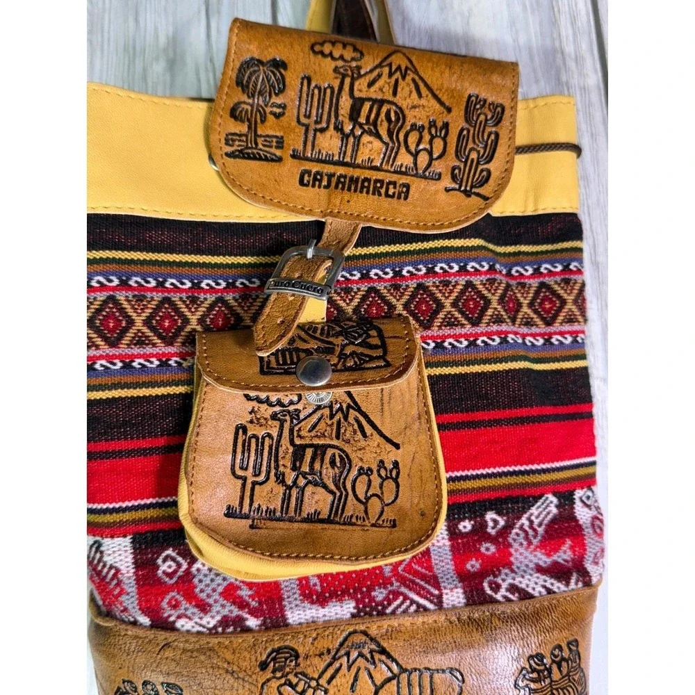 Cajamarca Peru Leather Woven Backpack Andean Llama Embossed Boho Rucksack Bag
